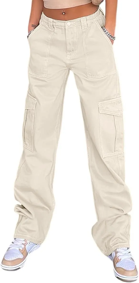 QYANGG High Waist Stretch Cargo Pants Women Baggy Multiple Pockets Relaxed Fit Straight Wide Leg Y2K Pants