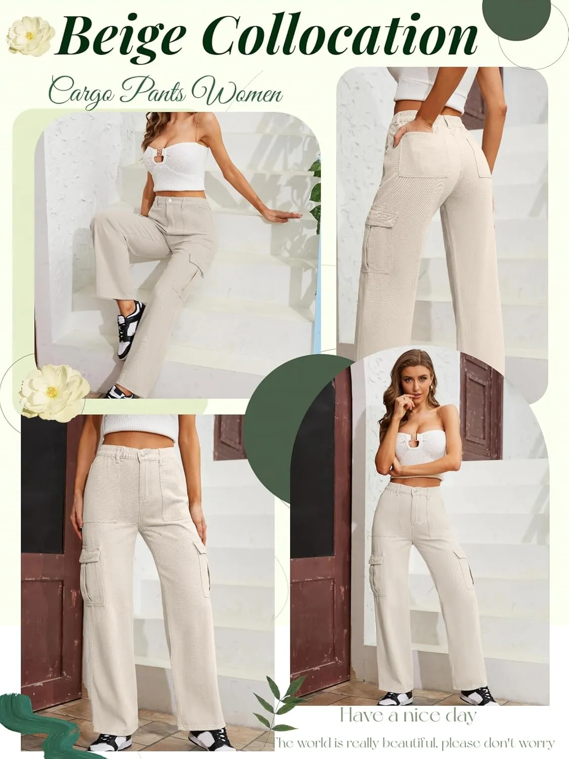 QYANGG High Waist Stretch Cargo Pants Women Baggy Multiple Pockets Relaxed Fit Straight Wide Leg Y2K Pants