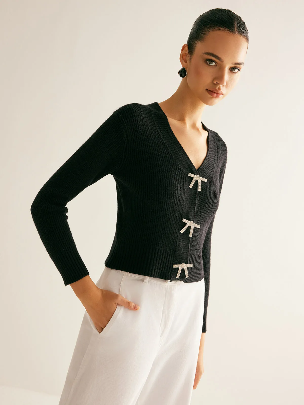 Ribbed Rhinestone Bow Slim Cardigan