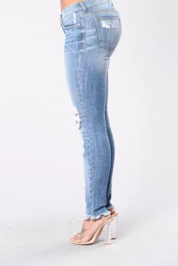 Rough Holes Regular Pencil Slim Long Jeans