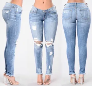 Rough Holes Regular Pencil Slim Long Jeans
