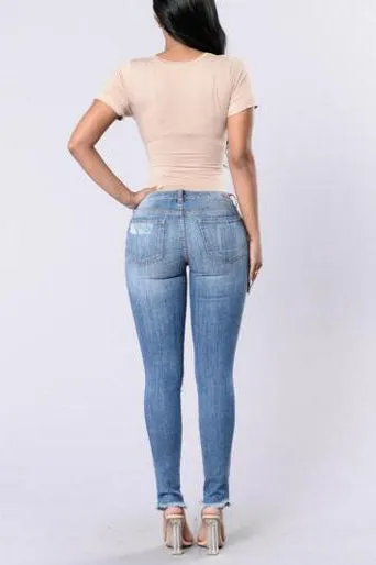 Rough Holes Regular Pencil Slim Long Jeans
