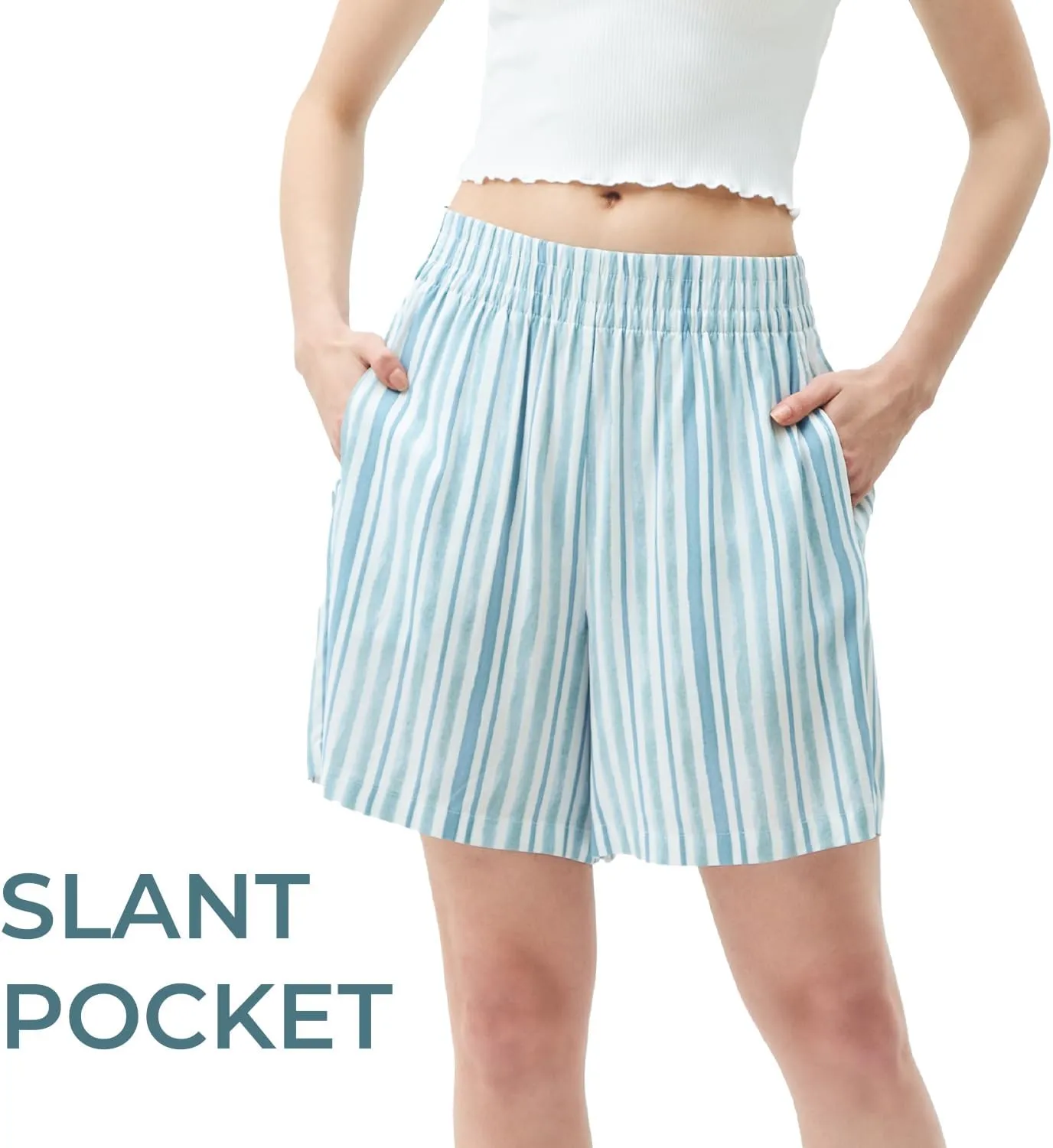 SANDY & SID 2025 Summer Womens Shorts Dressy Elastic Waist Pull On 5 Inch Inseam Pockets High Rise Stretchy Beach Casual Wear