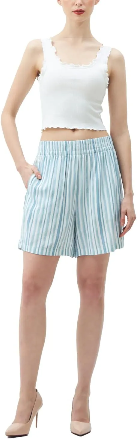 SANDY & SID 2025 Summer Womens Shorts Dressy Elastic Waist Pull On 5 Inch Inseam Pockets High Rise Stretchy Beach Casual Wear