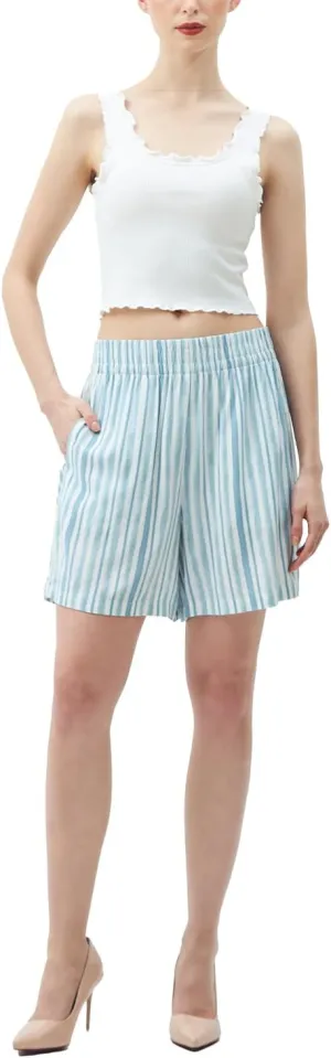 SANDY & SID 2025 Summer Womens Shorts Dressy Elastic Waist Pull On 5 Inch Inseam Pockets High Rise Stretchy Beach Casual Wear