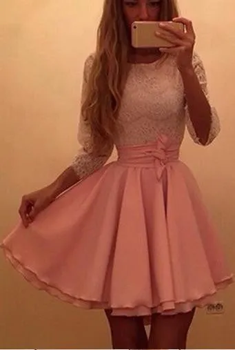 Scoop Long Sleeves Lace Patchwork Flared Pleated Short Dress