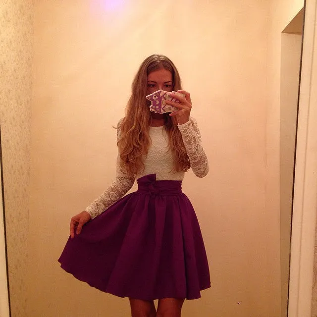 Scoop Long Sleeves Lace Patchwork Flared Pleated Short Dress