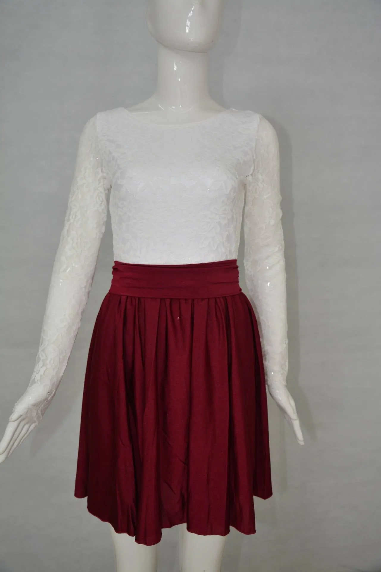 Scoop Long Sleeves Lace Patchwork Flared Pleated Short Dress