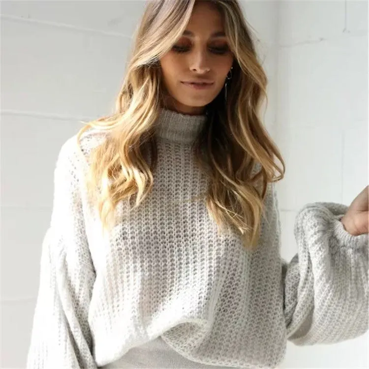 Scoop Pure Color Long Puff Sleeves Loose Sweater
