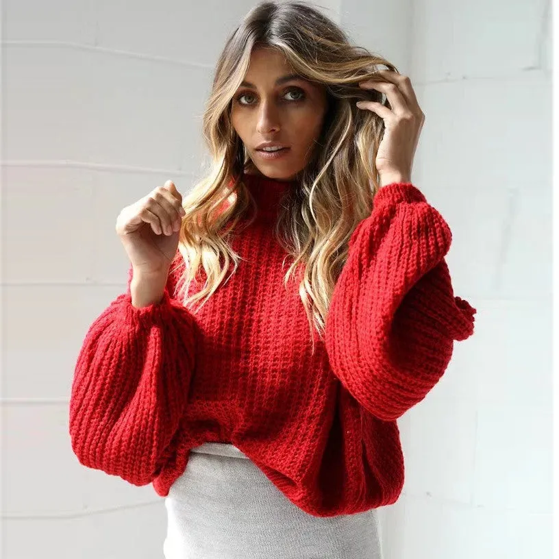 Scoop Pure Color Long Puff Sleeves Loose Sweater