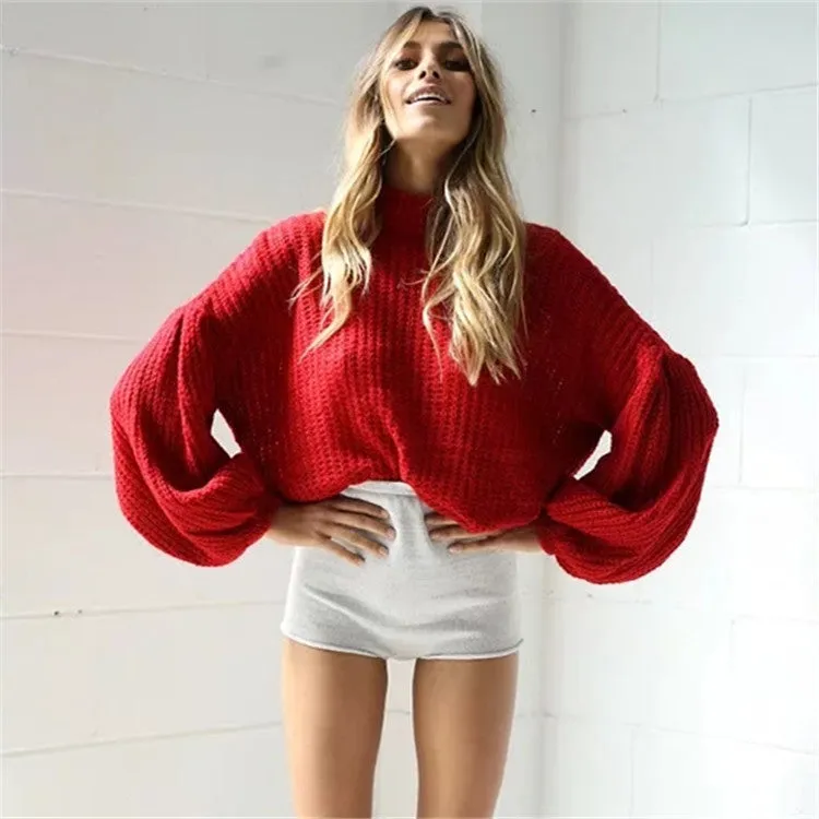 Scoop Pure Color Long Puff Sleeves Loose Sweater