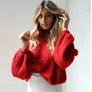 Scoop Pure Color Long Puff Sleeves Loose Sweater