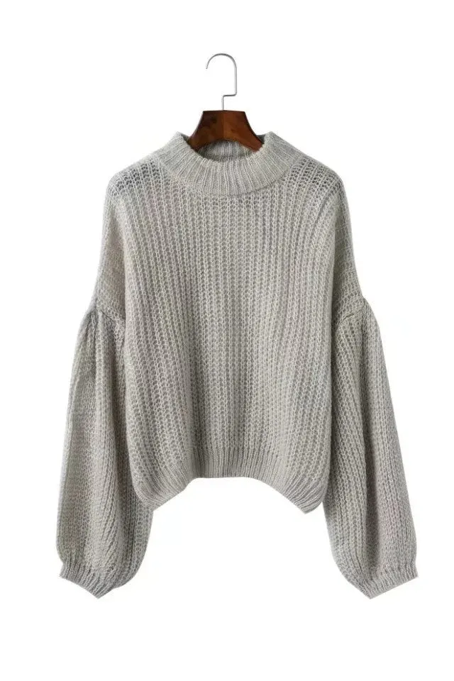 Scoop Pure Color Long Puff Sleeves Loose Sweater