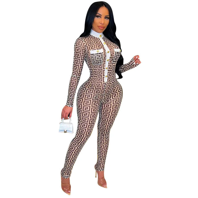 See Through Pants Suit Sexy Casual Fashionable Tight Digital Print