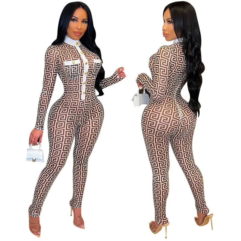 See Through Pants Suit Sexy Casual Fashionable Tight Digital Print