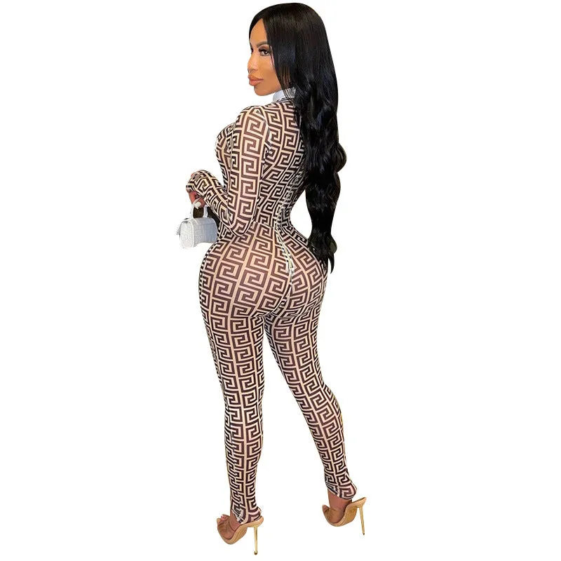 See Through Pants Suit Sexy Casual Fashionable Tight Digital Print