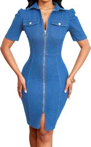 SeNight Women Denim Dresses Elegant Sexy Short Sleeve Jean Party Dress