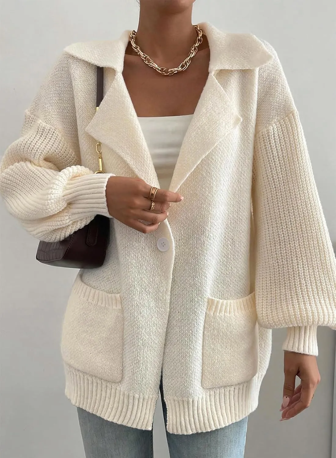 SHEWIN Women Open Front Knit Sweater Button Casual Long Sleeve V Neck Cardigan