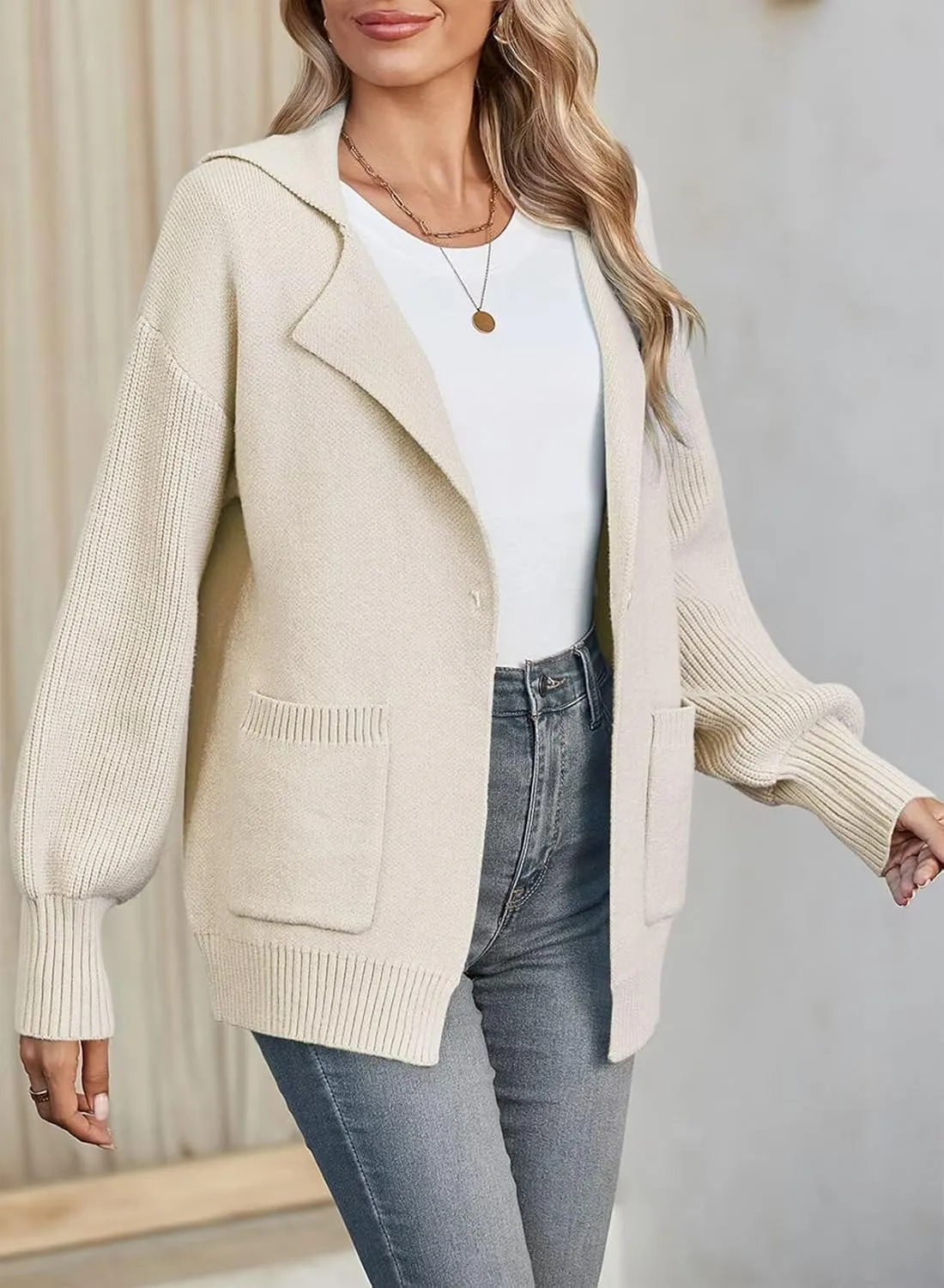SHEWIN Women Open Front Knit Sweater Button Casual Long Sleeve V Neck Cardigan