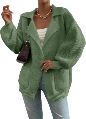 SHEWIN Women Open Front Knit Sweater Button Casual Long Sleeve V Neck Cardigan
