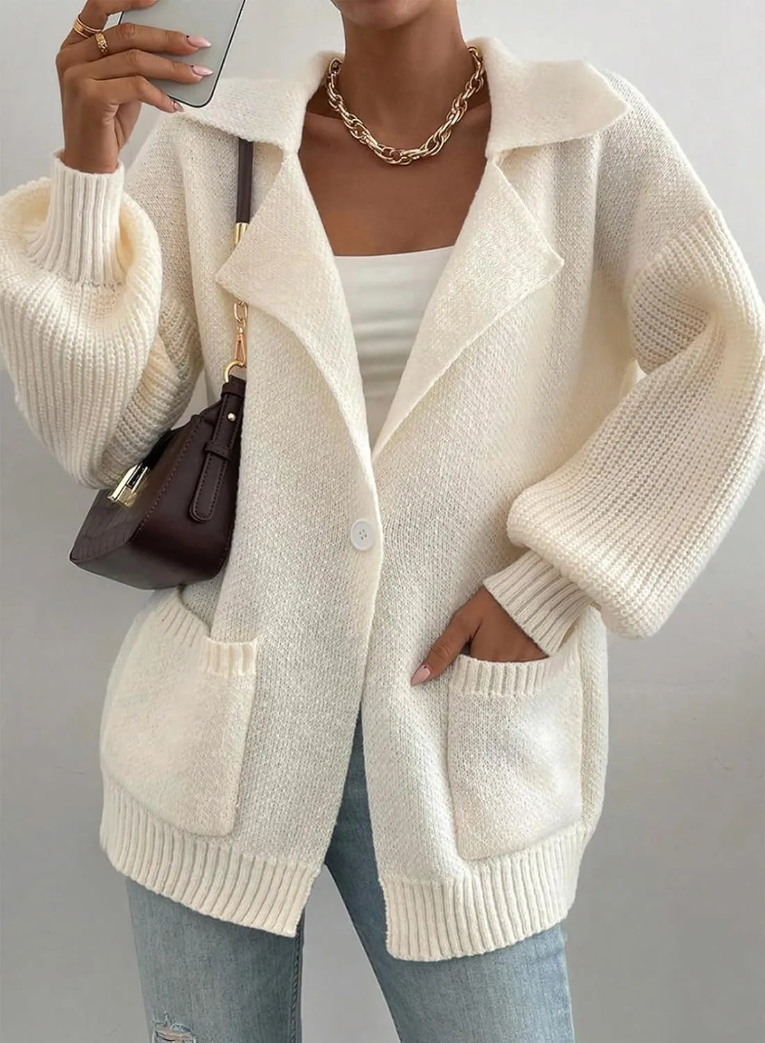 SHEWIN Women Open Front Knit Sweater Button Casual Long Sleeve V Neck Cardigan