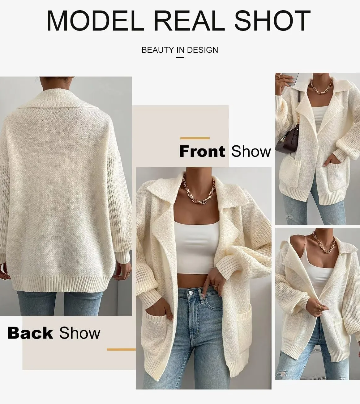 SHEWIN Women Open Front Knit Sweater Button Casual Long Sleeve V Neck Cardigan