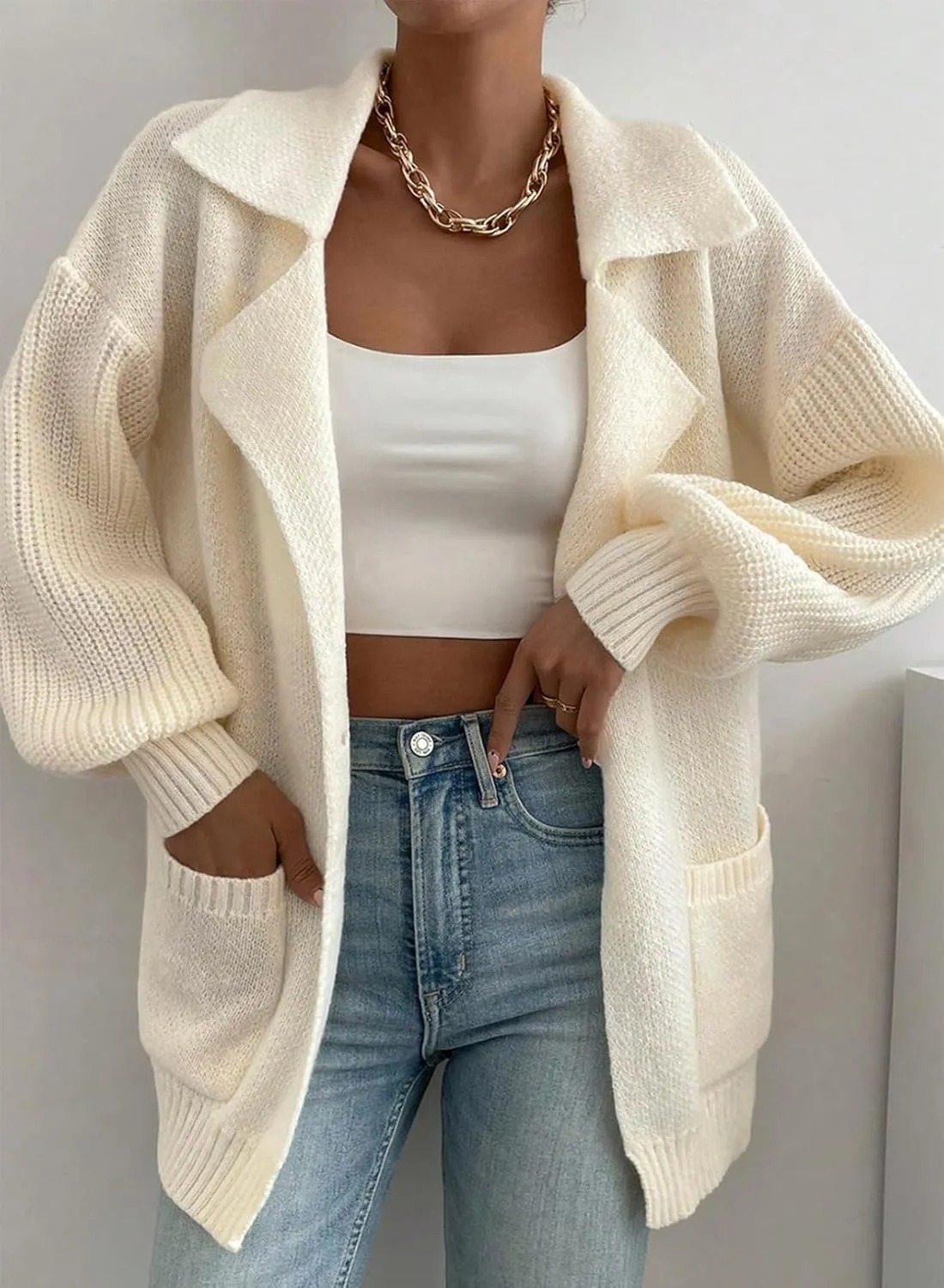 SHEWIN Women Open Front Knit Sweater Button Casual Long Sleeve V Neck Cardigan