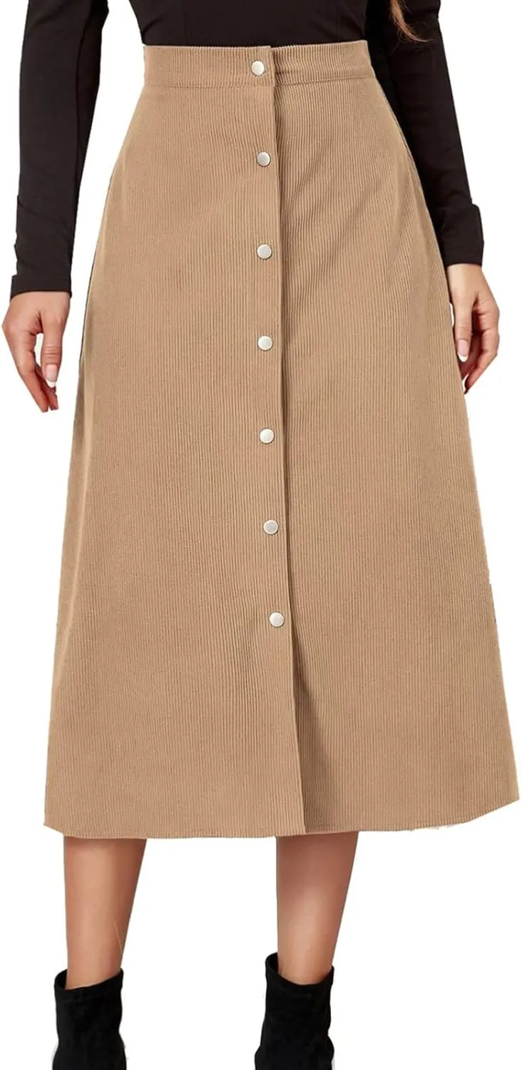 Summer Skirts for Women Vacation Beach Boho Pleated Long Skirt Front Button Elastic Waisted Maxi Skirt with Slit