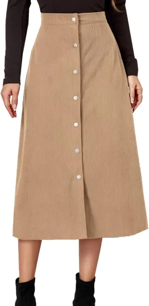 Summer Skirts for Women Vacation Beach Boho Pleated Long Skirt Front Button Elastic Waisted Maxi Skirt with Slit