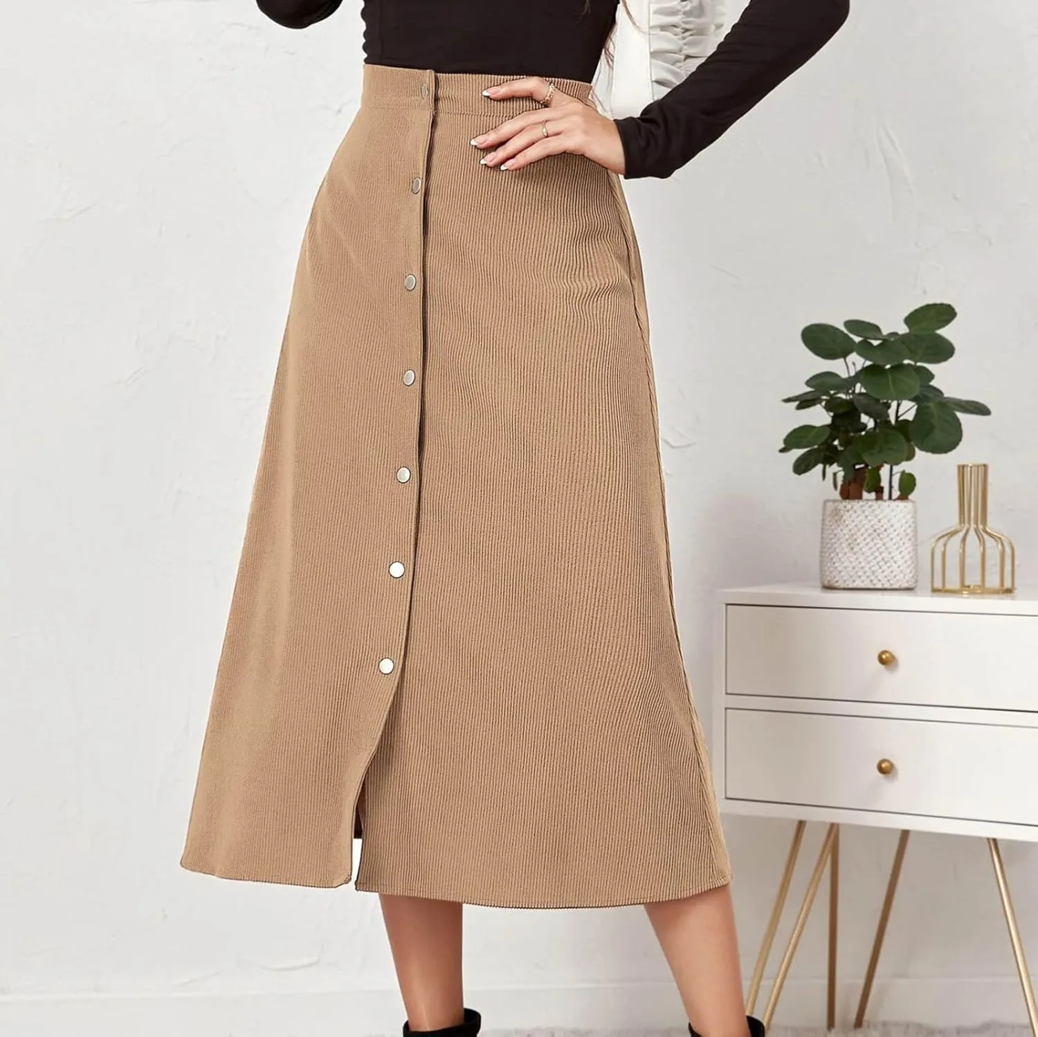 Summer Skirts for Women Vacation Beach Boho Pleated Long Skirt Front Button Elastic Waisted Maxi Skirt with Slit