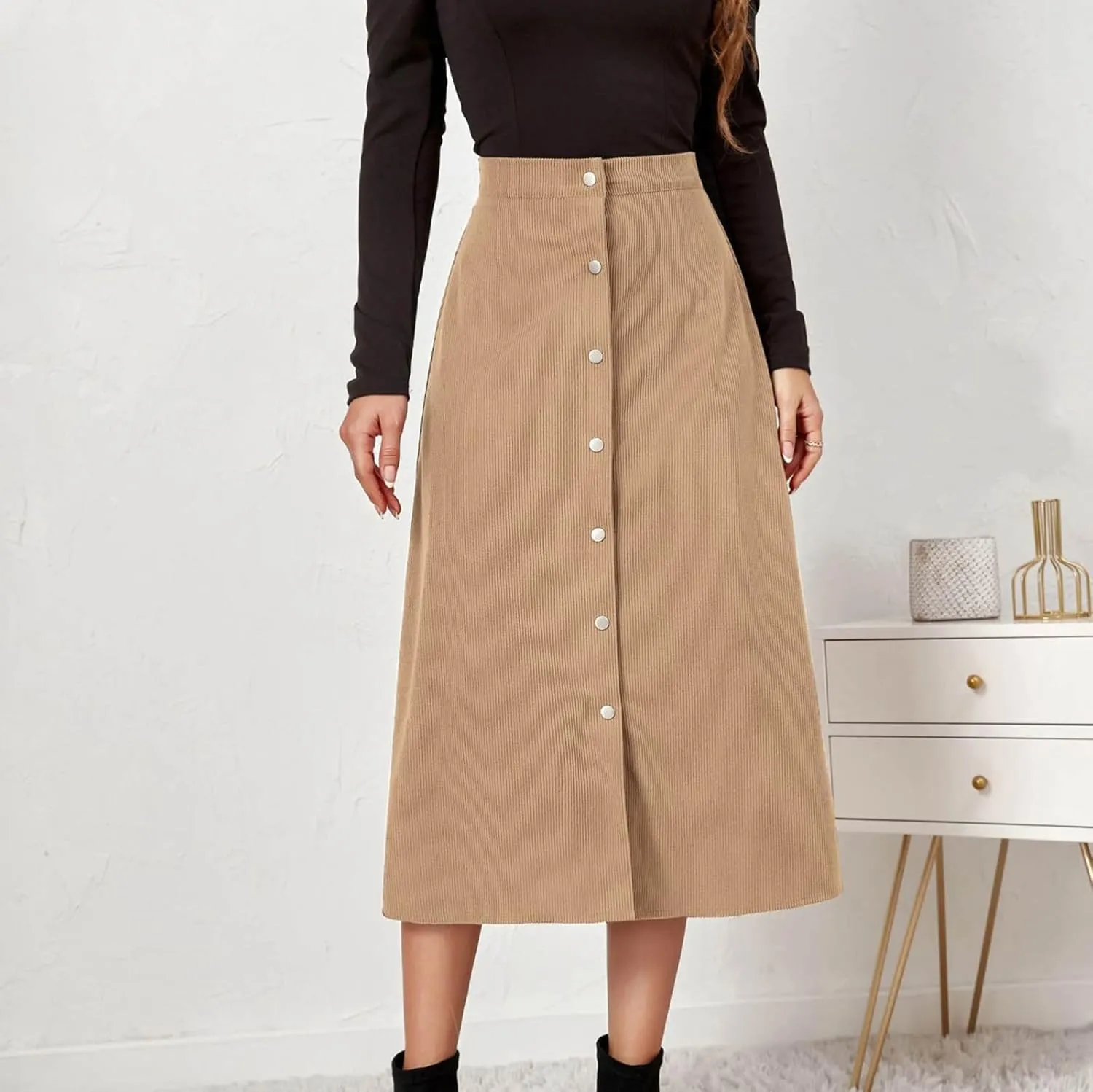 Summer Skirts for Women Vacation Beach Boho Pleated Long Skirt Front Button Elastic Waisted Maxi Skirt with Slit