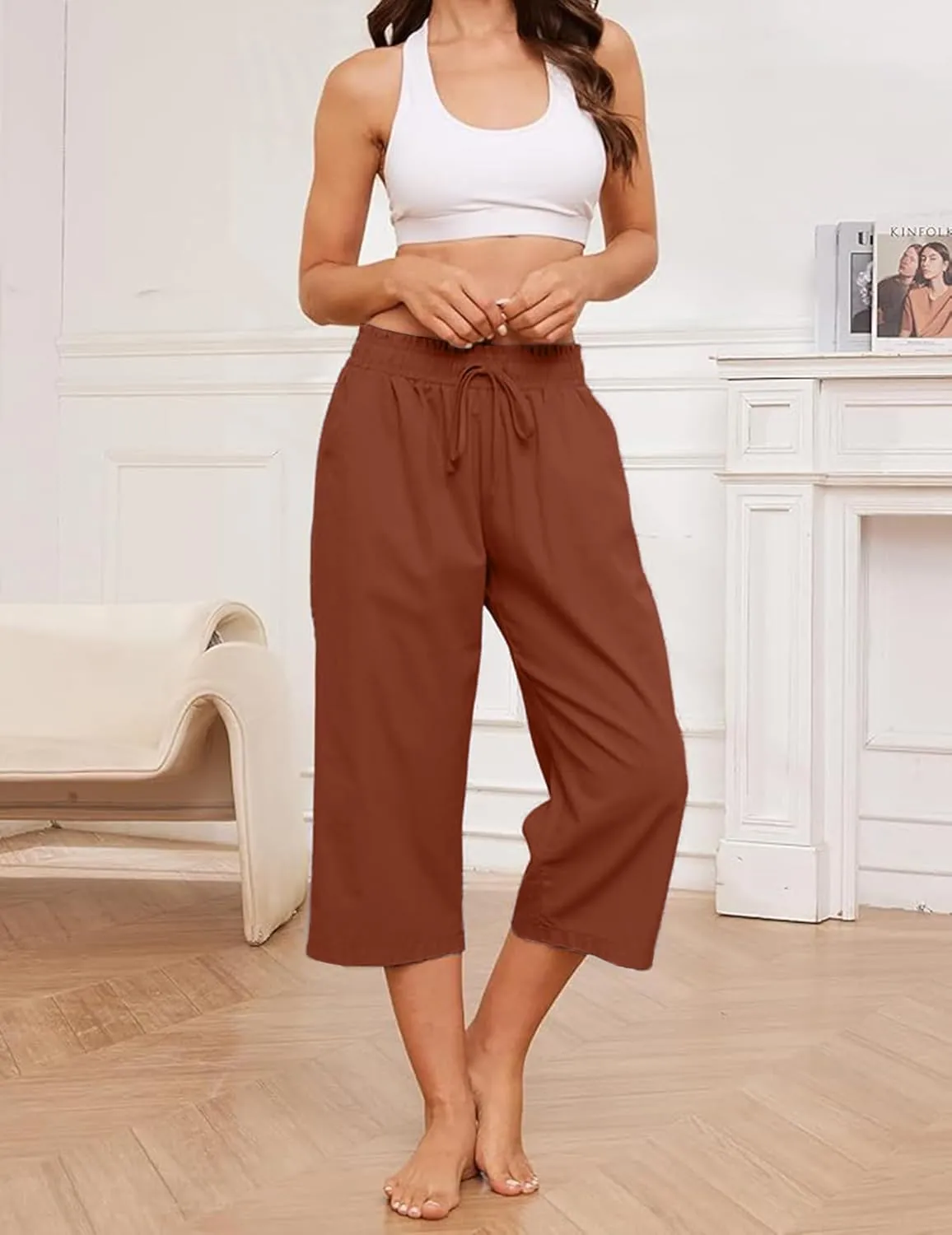 Summer Women's Casual Capri Pants Baggy Lounge Drawstring Pants Plus Size Wide Leg Croped Pants with Pockets
