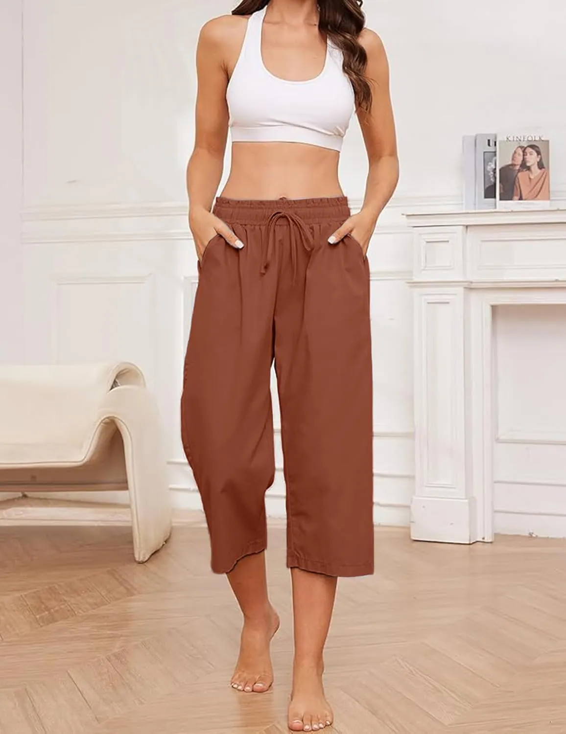 Summer Women's Casual Capri Pants Baggy Lounge Drawstring Pants Plus Size Wide Leg Croped Pants with Pockets