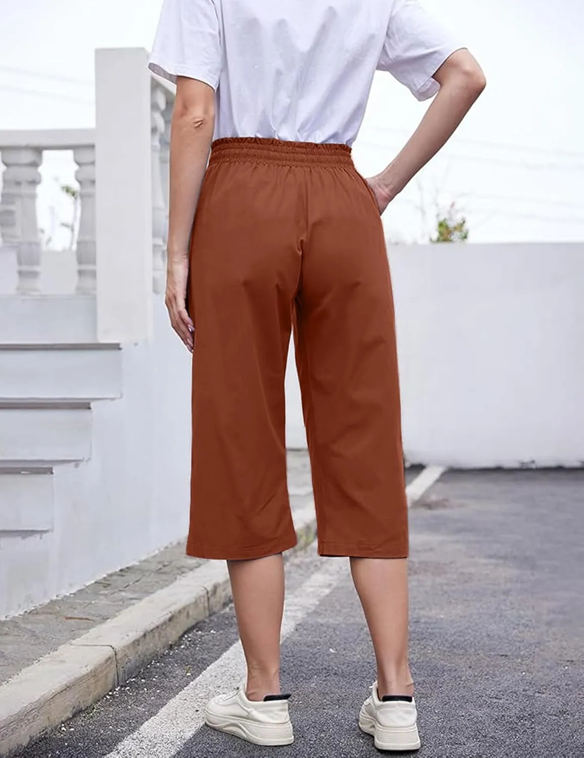Summer Women's Casual Capri Pants Baggy Lounge Drawstring Pants Plus Size Wide Leg Croped Pants with Pockets