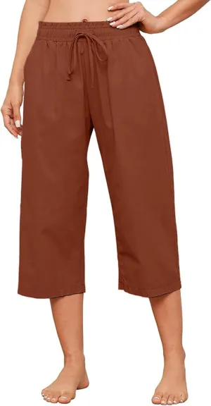 Summer Women's Casual Capri Pants Baggy Lounge Drawstring Pants Plus Size Wide Leg Croped Pants with Pockets