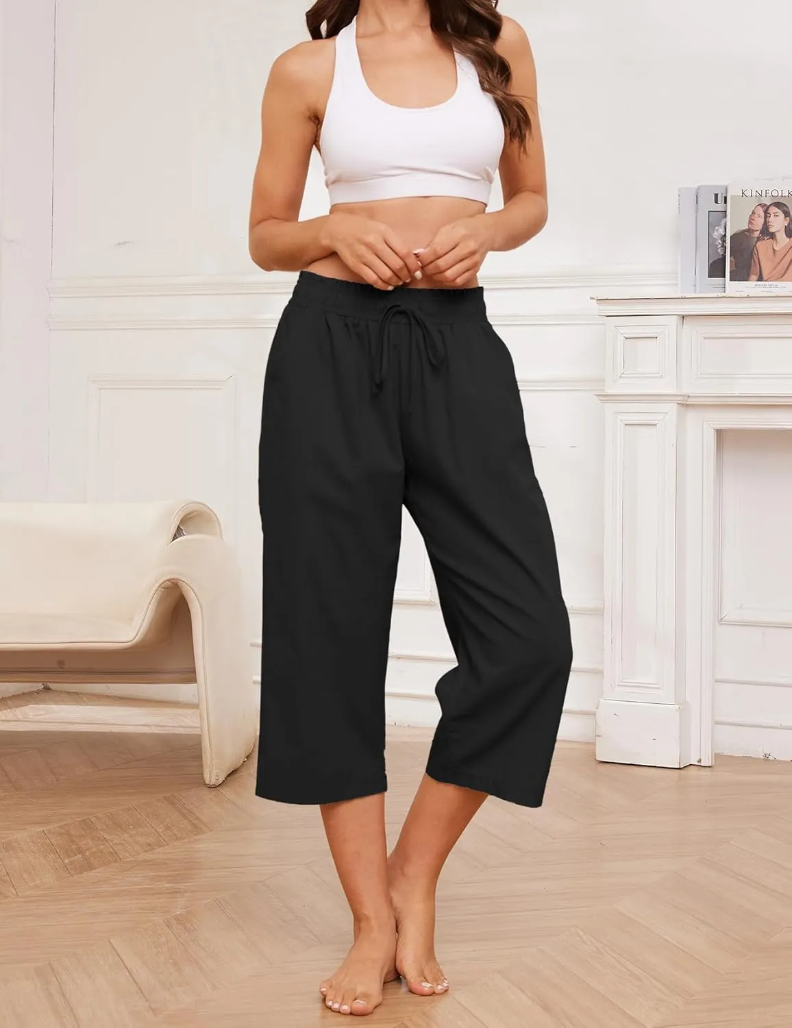Summer Women's Casual Capri Pants Baggy Lounge Drawstring Pants Plus Size Wide Leg Croped Pants with Pockets