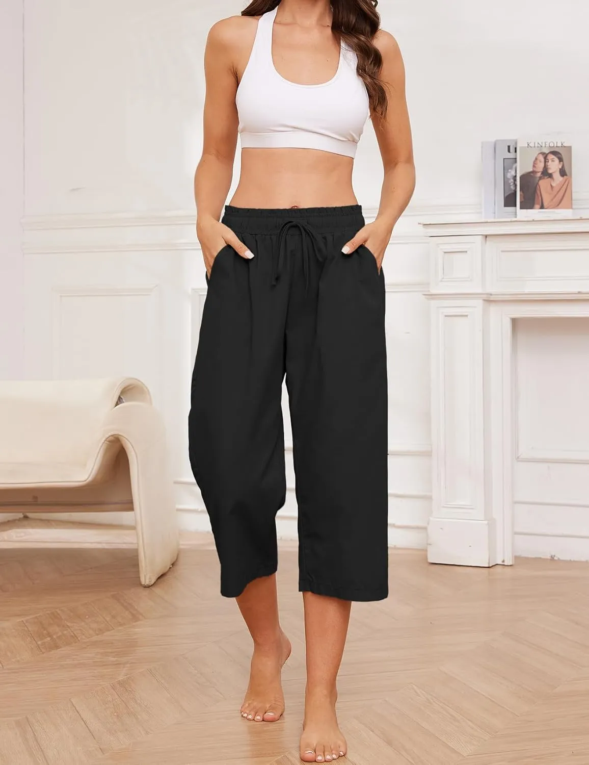 Summer Women's Casual Capri Pants Baggy Lounge Drawstring Pants Plus Size Wide Leg Croped Pants with Pockets