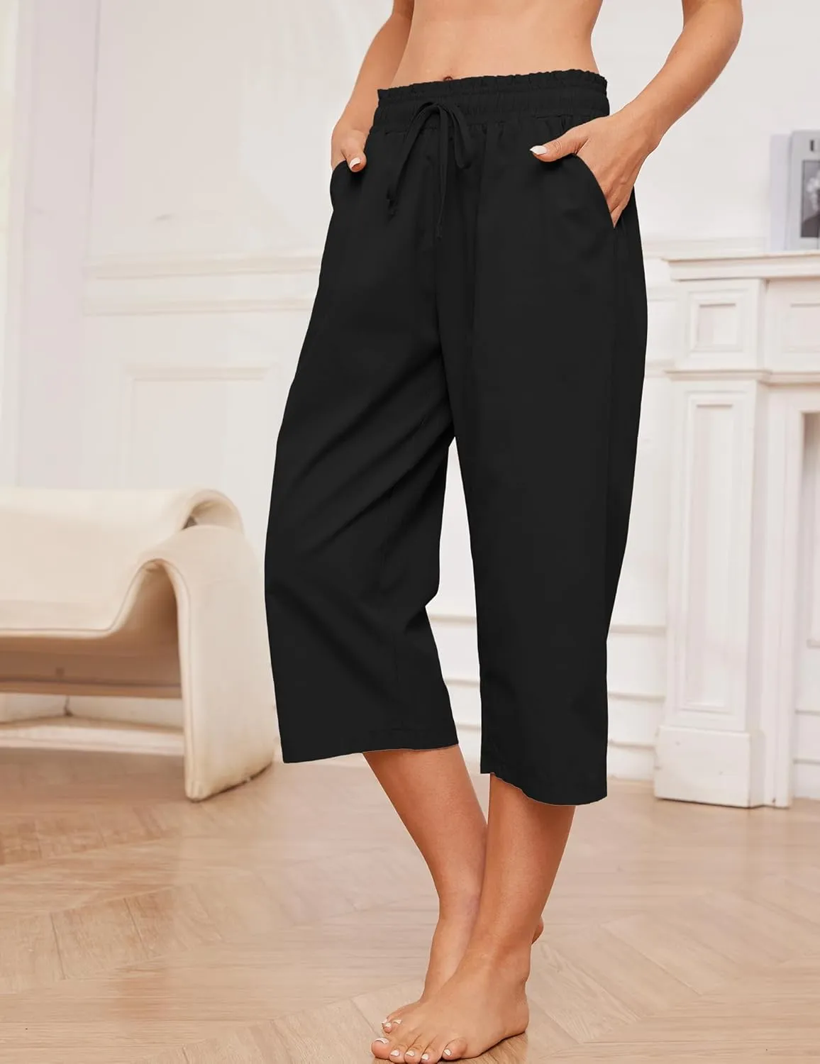 Summer Women's Casual Capri Pants Baggy Lounge Drawstring Pants Plus Size Wide Leg Croped Pants with Pockets