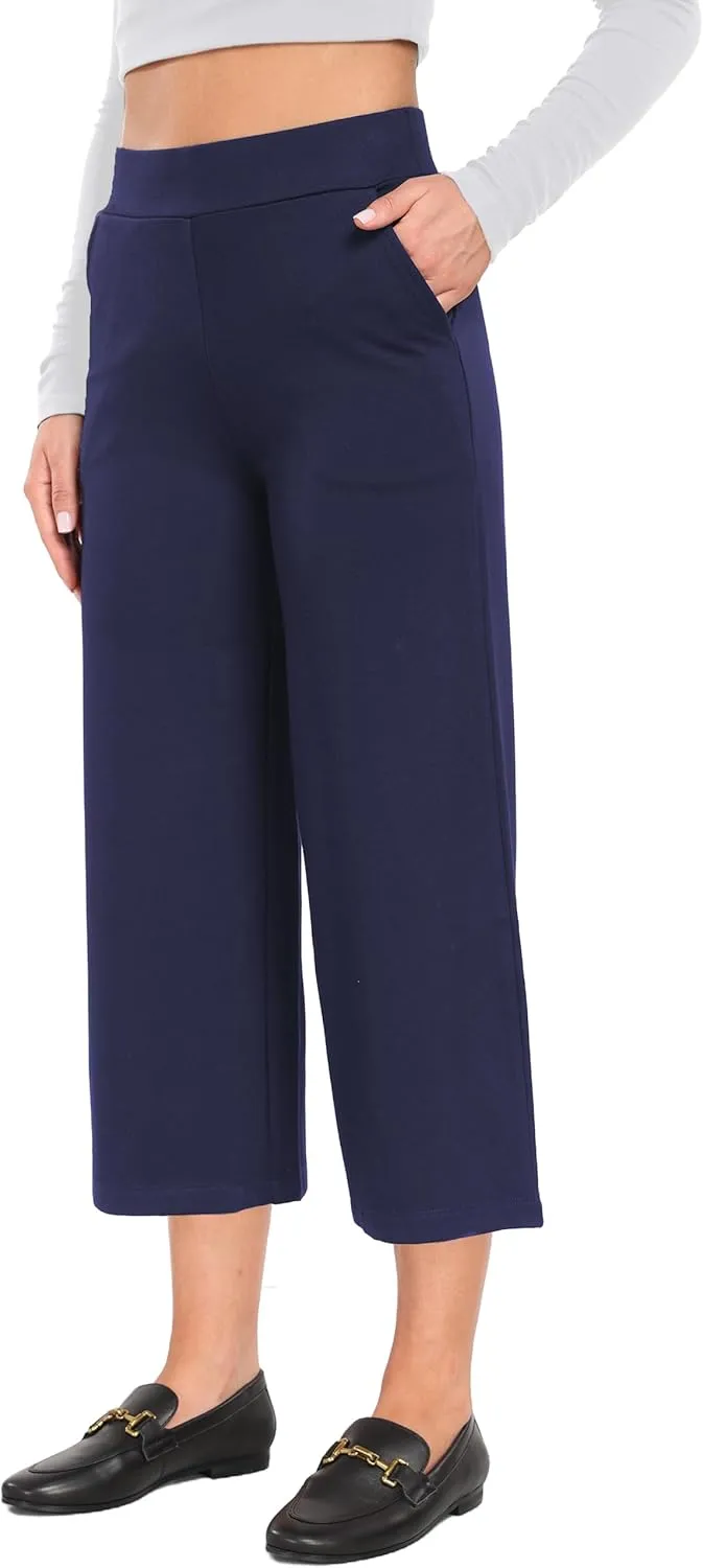 Tapata Women's Wide Leg Cropped Pants Stretchy Pull On Mid Rise Slacks for Business Casual Capris with Pockets