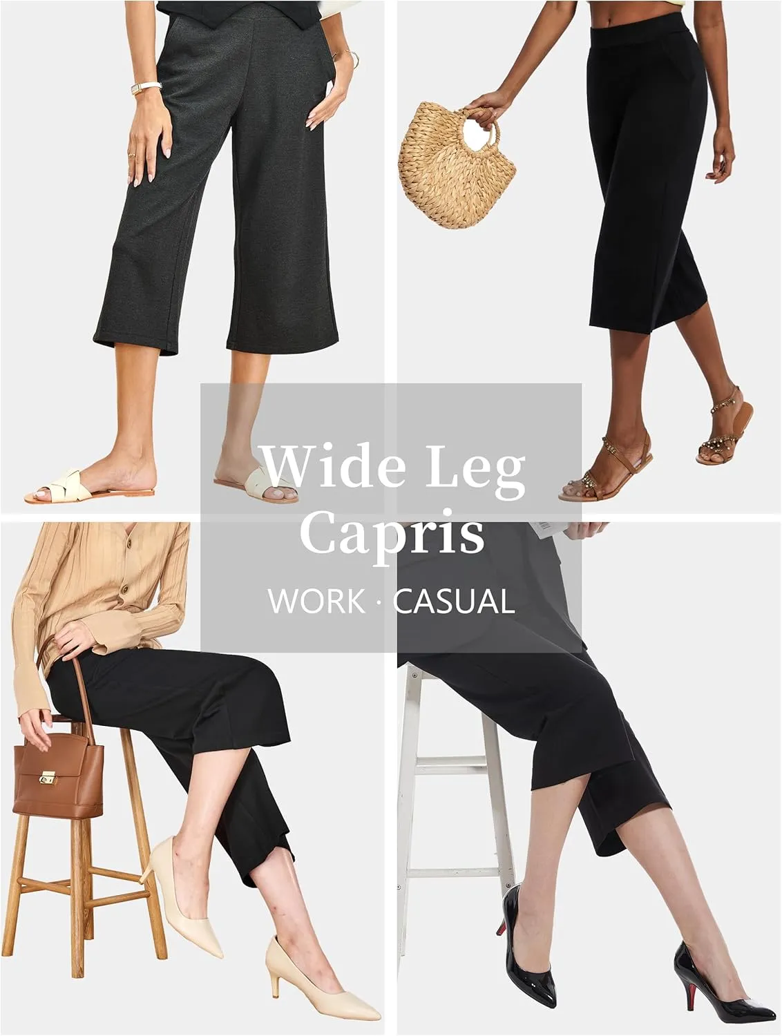 Tapata Women's Wide Leg Cropped Pants Stretchy Pull On Mid Rise Slacks for Business Casual Capris with Pockets