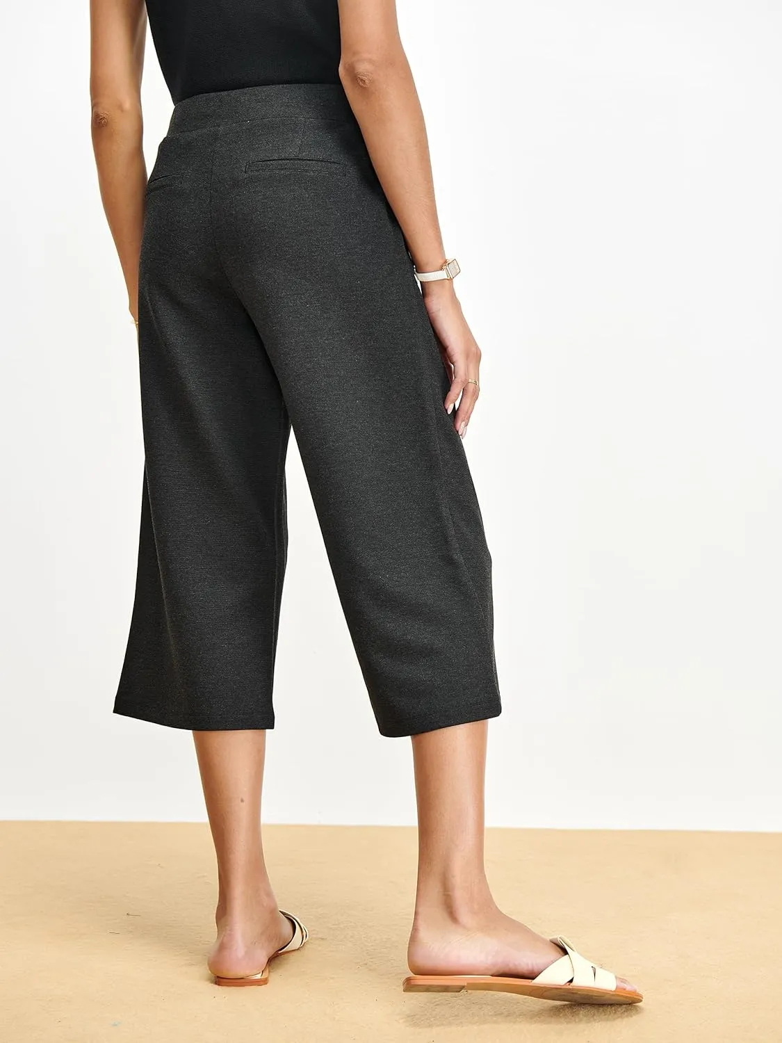 Tapata Women's Wide Leg Cropped Pants Stretchy Pull On Mid Rise Slacks for Business Casual Capris with Pockets
