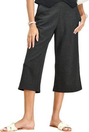 Tapata Women's Wide Leg Cropped Pants Stretchy Pull On Mid Rise Slacks for Business Casual Capris with Pockets
