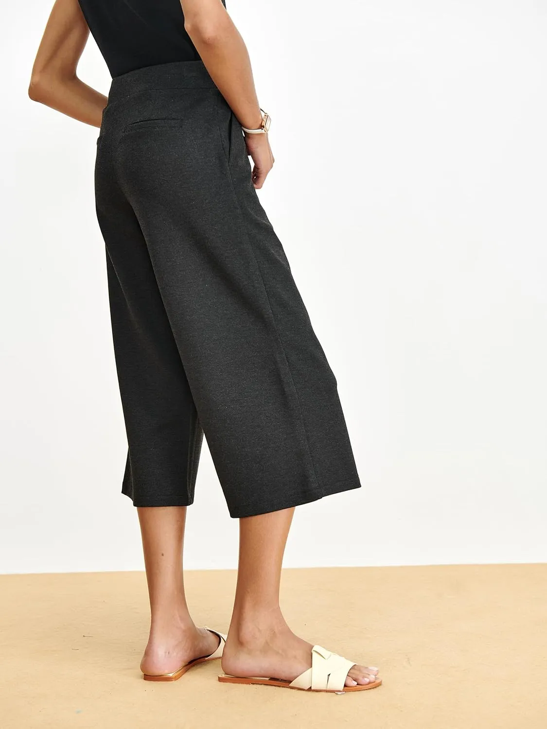 Tapata Women's Wide Leg Cropped Pants Stretchy Pull On Mid Rise Slacks for Business Casual Capris with Pockets