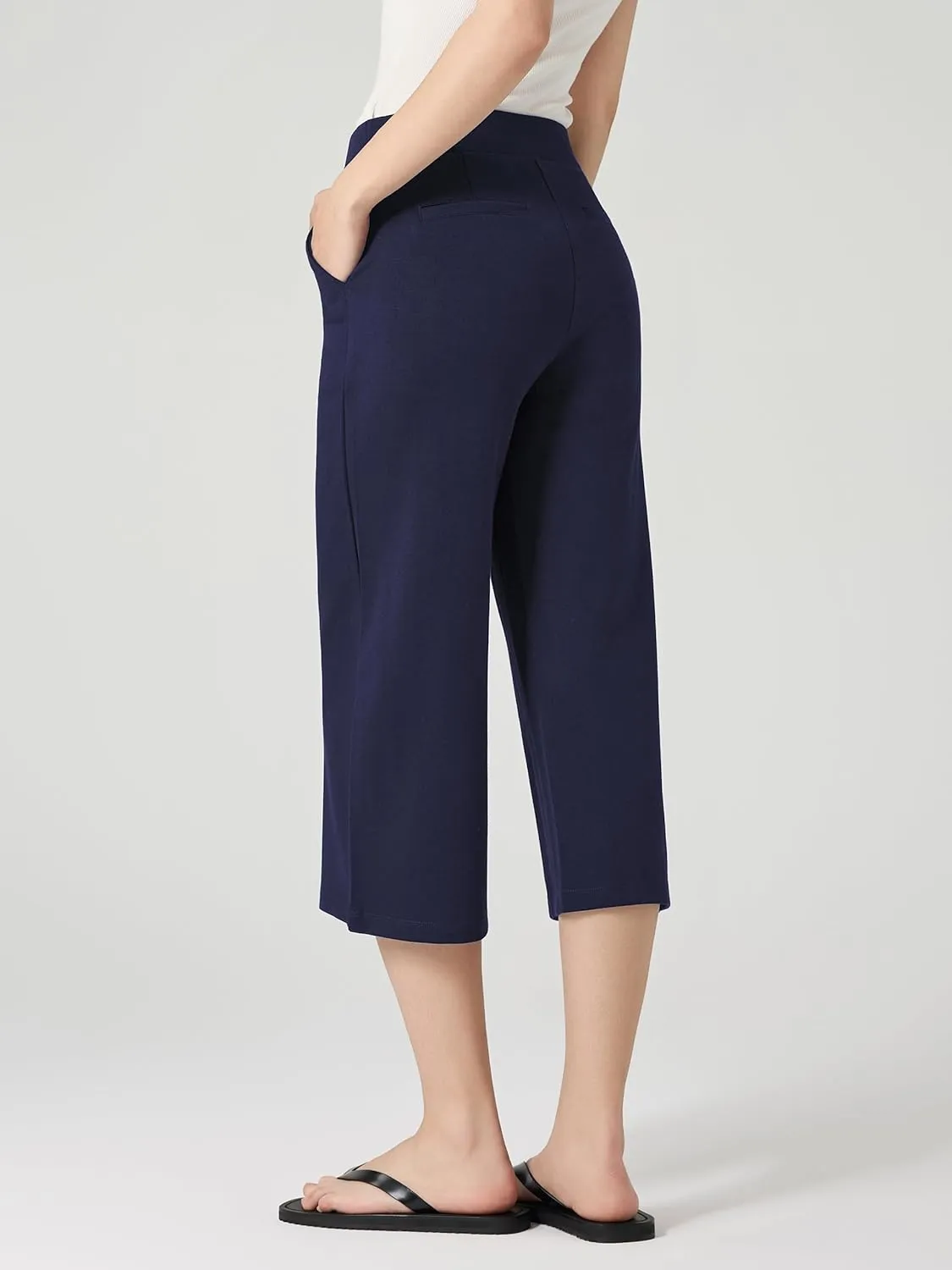 Tapata Women's Wide Leg Cropped Pants Stretchy Pull On Mid Rise Slacks for Business Casual Capris with Pockets