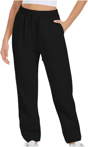 TARIENDY Women's High Waist Pants Casual Solid Color Sports Trousers Elastic-Lace-Up Sweatpants Comfy Long Pant with Pocket