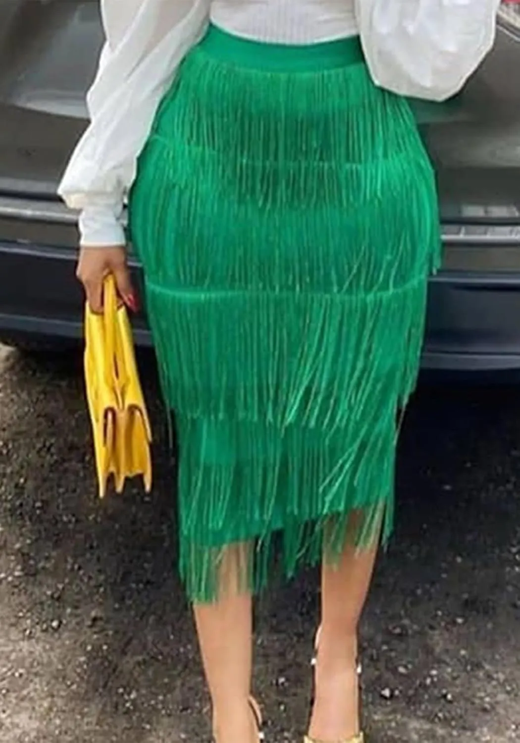 Tcremisa Women's Fringe Skirt High Waist Tassels Skirt Solid Stretchy Club Party Midi Skirts