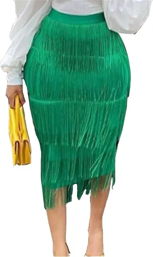 Tcremisa Women's Fringe Skirt High Waist Tassels Skirt Solid Stretchy Club Party Midi Skirts