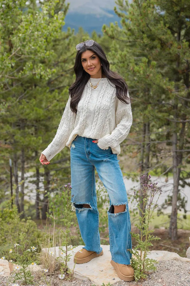 That's The Spirit Ivory Cable Distressed Oversized Sweater