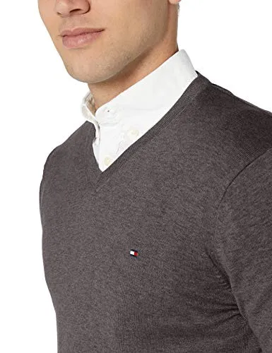 Tommy Hilfiger Men's Cotton V Neck Sweater, Asphalt Heather, X-Large