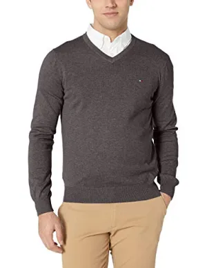 Tommy Hilfiger Men's Cotton V Neck Sweater, Asphalt Heather, X-Large